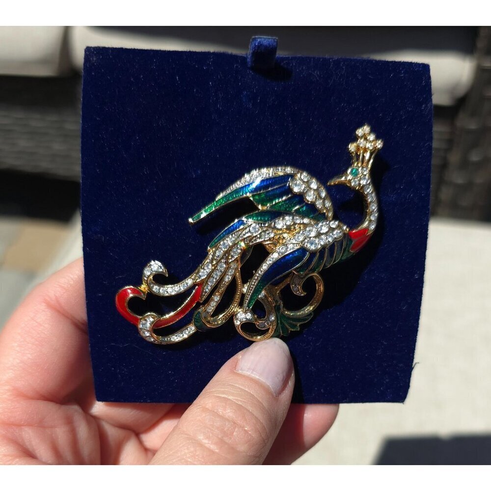 Attwood & Sawyer Peacock Swarovski 22K Gold Plated Enamel Vintage Brooch In Box - Picture 8 of 12